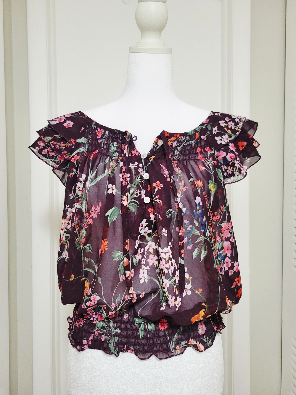 Marisol Smocked Hem Floral Blouse in Plum